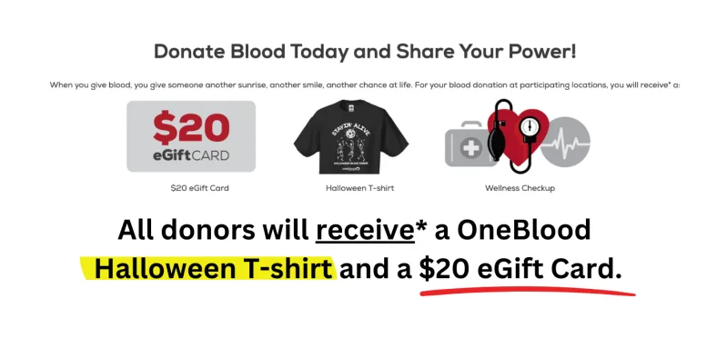 FREE Halloween T-Shirt and $20 Gift Card with Blood Donation in October!